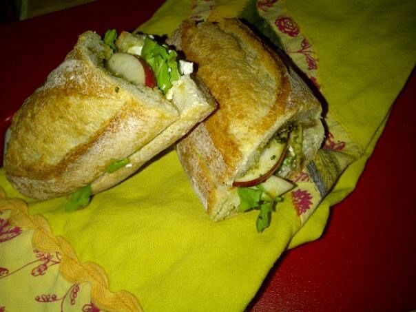 Sliced Apple and Goat Cheese Sandwich with Pesto and Honey