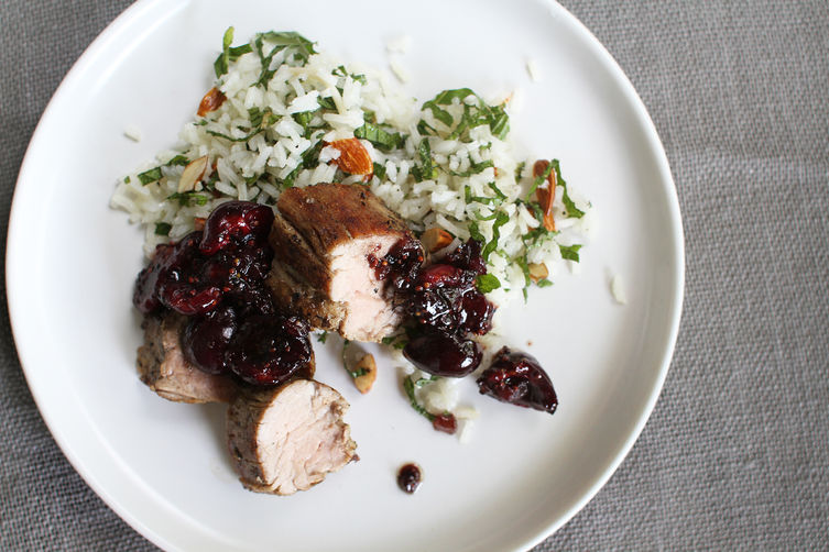 Seared Pork Tenderloin with Skillet Cherry Mostarda + Mint Rice Salad