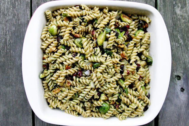 Pistou Rotini with Roasted Brussel Sprouts, Walnuts and Cranberries