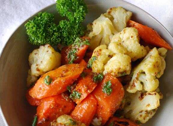 Roasted Cauliflower and Carrots in Mustard Sauce