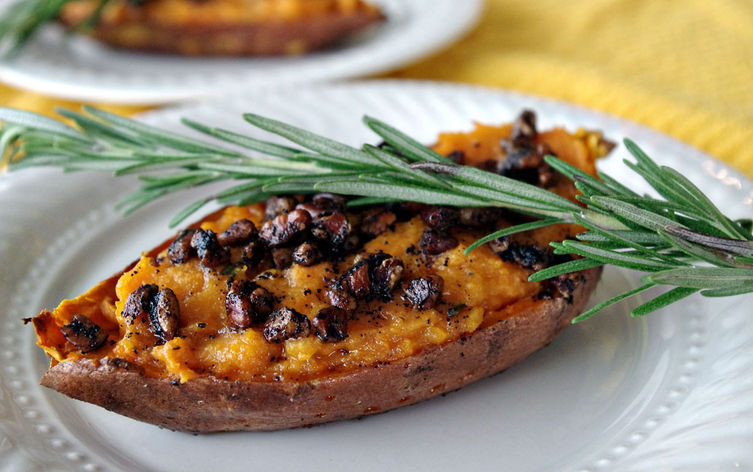 Twice Baked Sweet Potatoes with Rosemary, Gruyere and Coffee Spiced Pecans