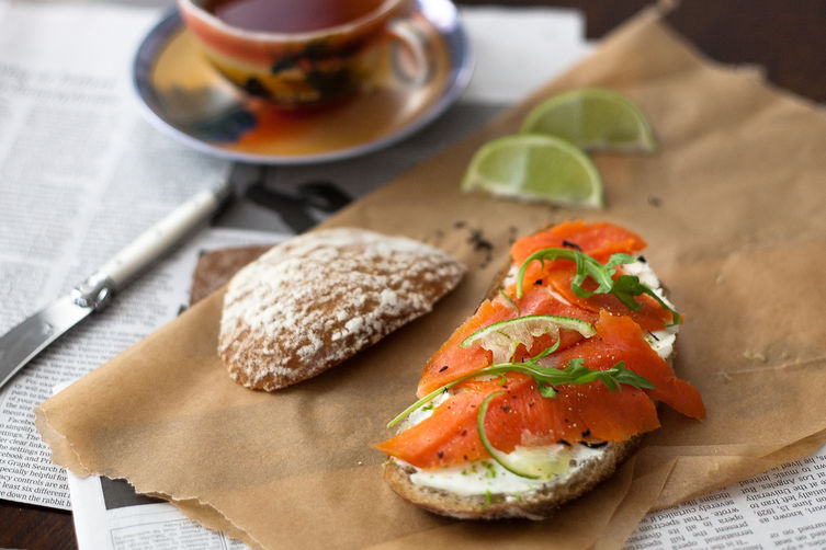 Lapsang Souchong Cured King Salmon with Ginger Lime Cream Cheese