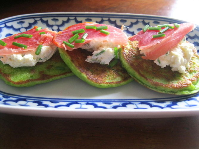 Pea Pancakes with Herbed Feta Cream and Cured Ham
