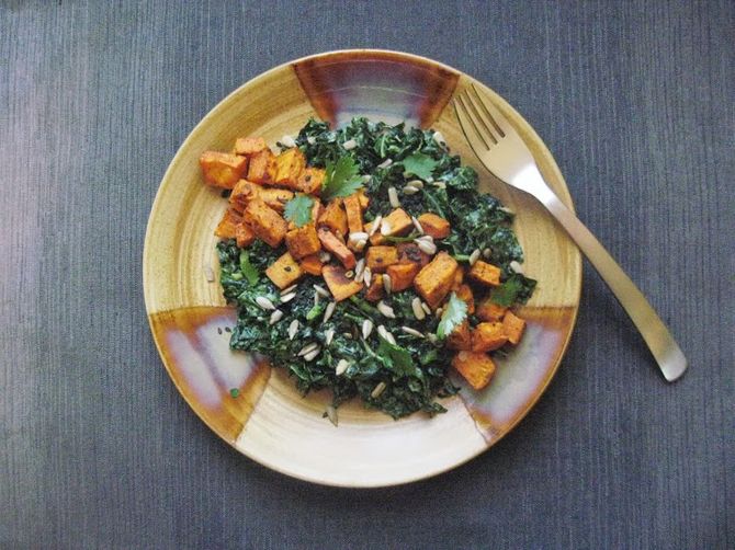 Roasted Sweet potato with Tahini kale slaw