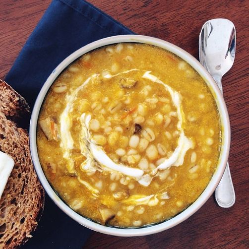 Lemony Yellow Tomato Soup with Shiitake Mushrooms and Barley