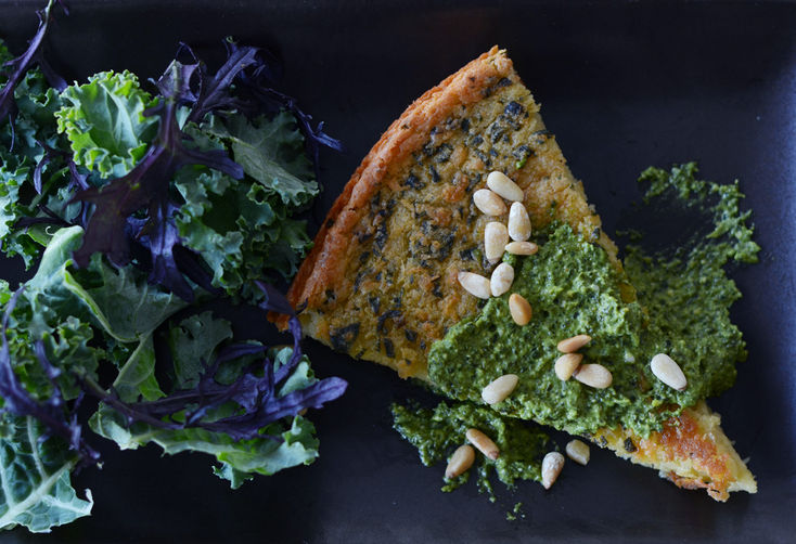 Chard farinata with leafy greens pesto