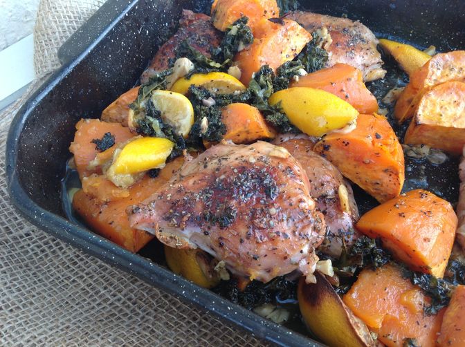 Greek chicken baked with kale and sweet potato