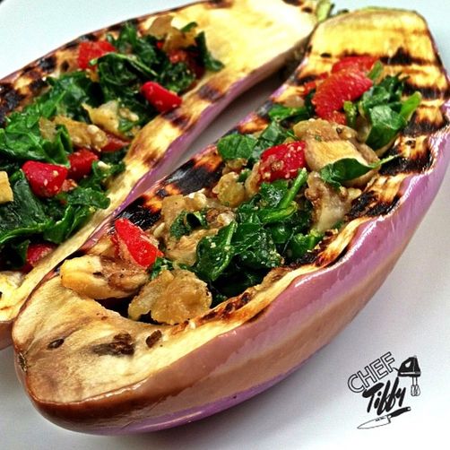 SPINACH & ROASTED RED PEPPER GRILLED MINI EGGPLANT BOATS