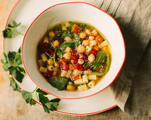 chile chickpea brodo with chorizo and greens