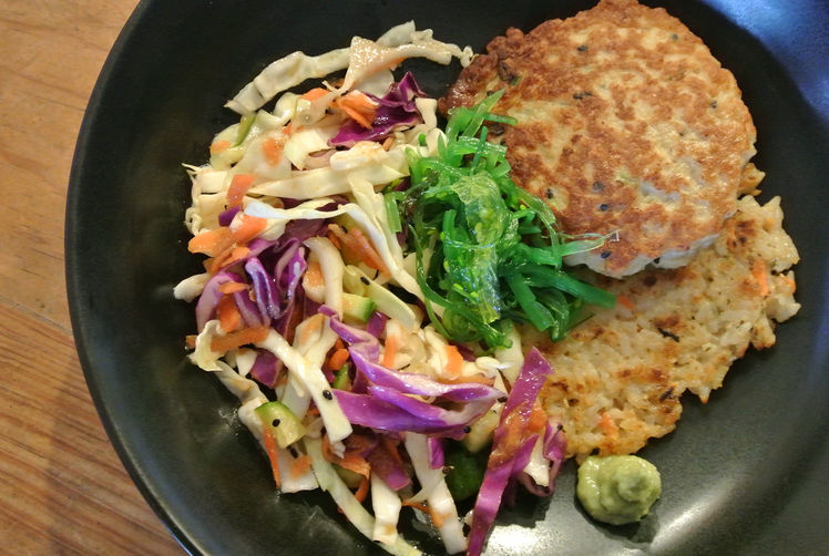 asian chicken patties with vegetable rice cakes