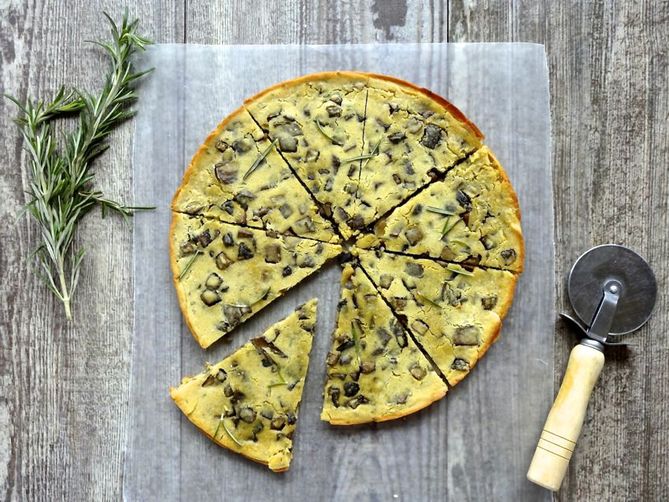 Mushroom Socca (Chickpea Pancake) w/Rosemary and Blistered Tomatoes