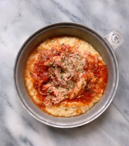 Gluten free, creamy polenta, with rotisserie chicken cacciatore