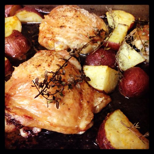 Date Night Roasted Chicken Thighs with Morel Herb Butter and Potatoes