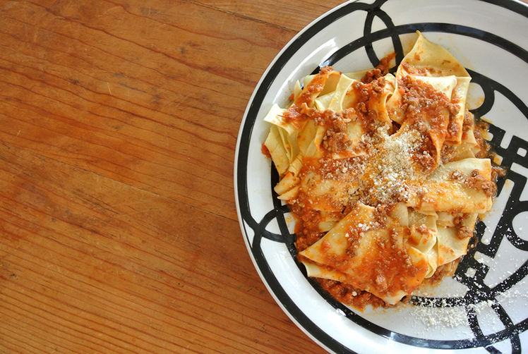 rustic hand-cut pappardelle with ragu' bolognese