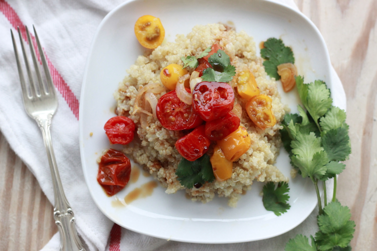 roasted cherry tomatoes + pomegranate molasses over quinoa