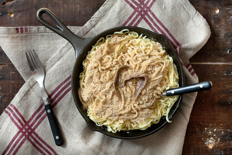 Spaghetti with Anchovy Spiked Olive Oil & Parmesan Breadcrumbs