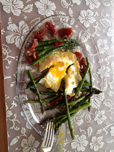 Asparagus, Egg and Roasted Tomato Salad with Pine Nuts
