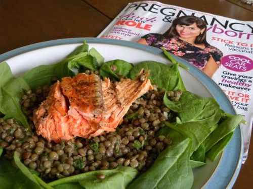 Fennel-Scented Salmon atop a Lentil and Spinach Salad