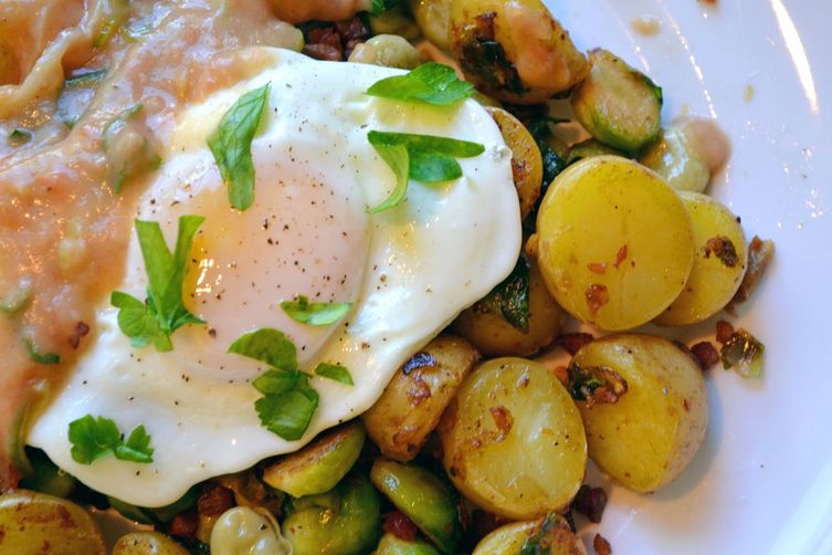 Baby Brussel Sprout, Fava Bean and Pancetta Breakfast Hash recipe on