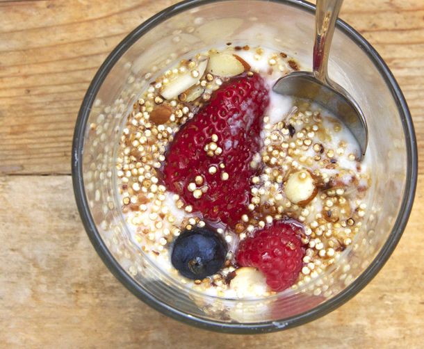Coconut Quinoa Crunch Yogurt Parfait with Gingered Maple Syrup