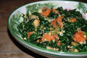 Kale, Sweet Potato, and Mung Sprout Salad with Miso Dressing