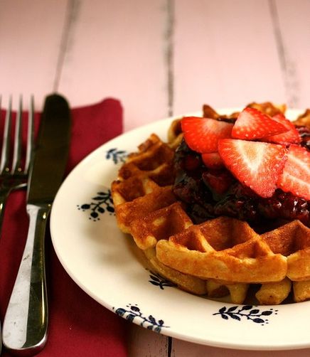 Cornmeal Waffles with Balsamic Strawberry Sauce