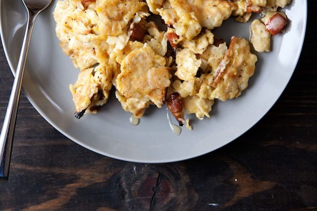 Matzo Brei with Bacon and Maple Syrup