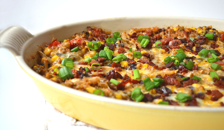 Mexican Quinoa Casserole ~ Cheese, Potatoes & Crumbled Bacon On Top