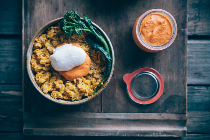 Savory Oats with Roasted Red Pepper Sauce, Baby Broccoli and Poached Eggs