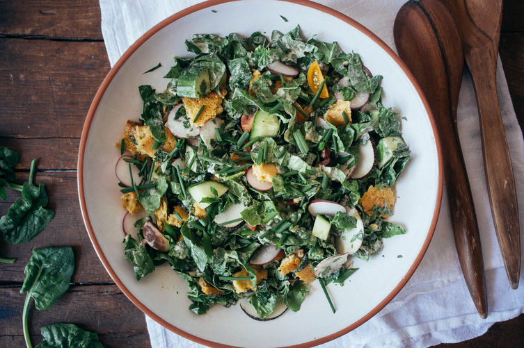 Chopped Spinach Fattoush Salad with Tahini-Sumac Sauce