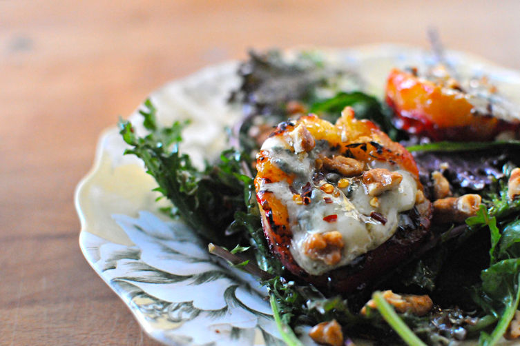 Gorgonzola Grilled Plums with Maple Syrup, Walnuts & Chilies