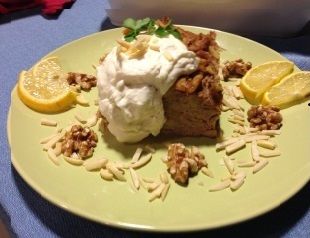 Croissant Baklava Bread Pudding with Lemon-Honey and Greek Yogurt Whipped Cream