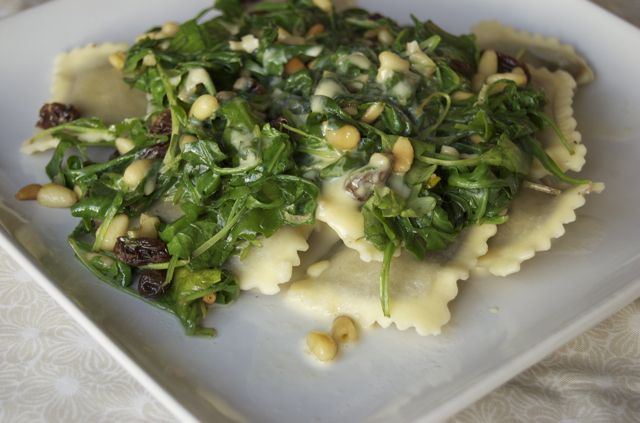 Ravioli with Arugula, Pine Nuts & Raisins