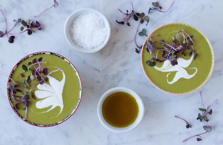 Chilled Pea and Sorrel Soup with Lemon Coconut Cream