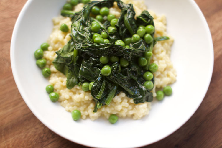Baked Pasta Risotto with Peas, Mascarpone + Spinach