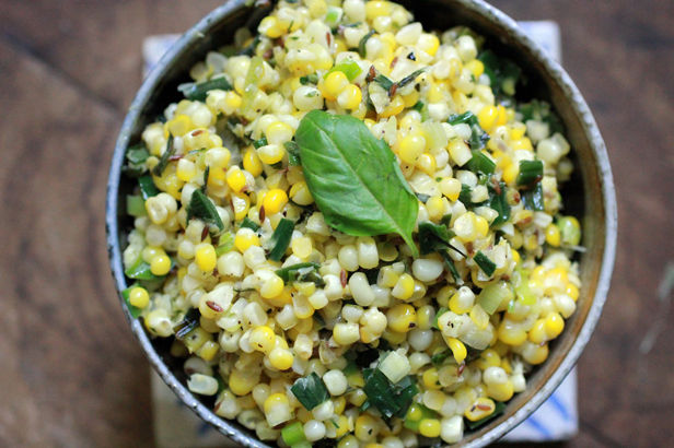 South Indian Stir-Fried Corn with Basil and Leeks
