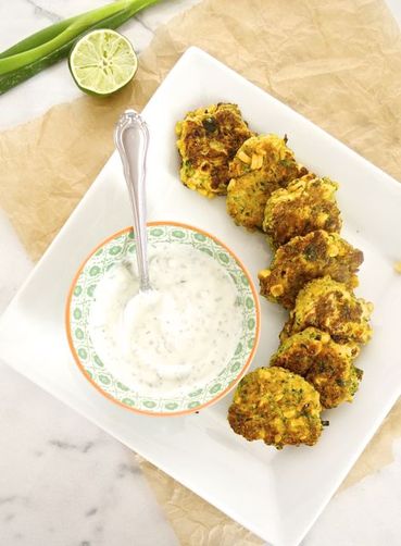 Roasted Corn and Zucchini Fritters with Cilantro Jalapeño Lime Yogurt