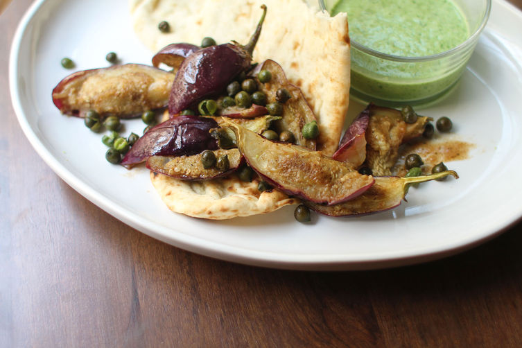 Fried Green Chickpeas + Baby Eggplant with Yogurt Chutney