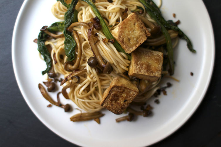 Spicy Udon Noodles with Peppercorns, Mushrooms + Chinese Broccoli