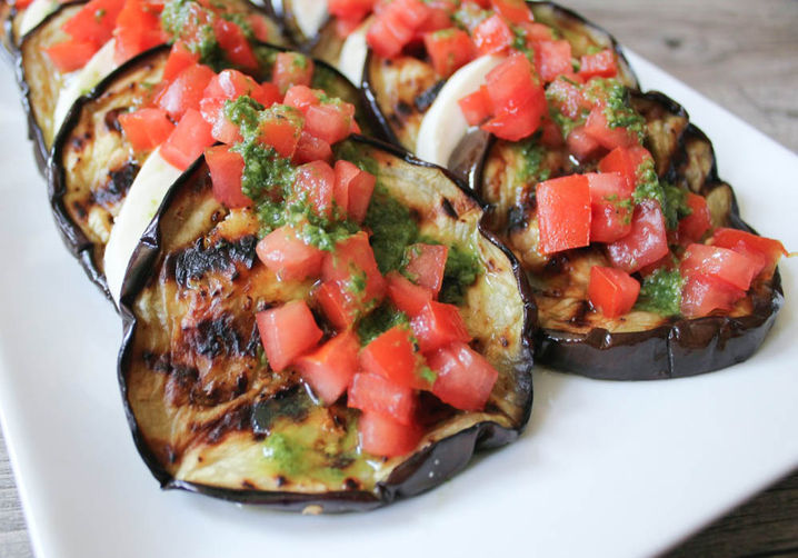 Grilled Eggplant with Fresh Mozzarella, Tomatoes and Basil Vinaigrette