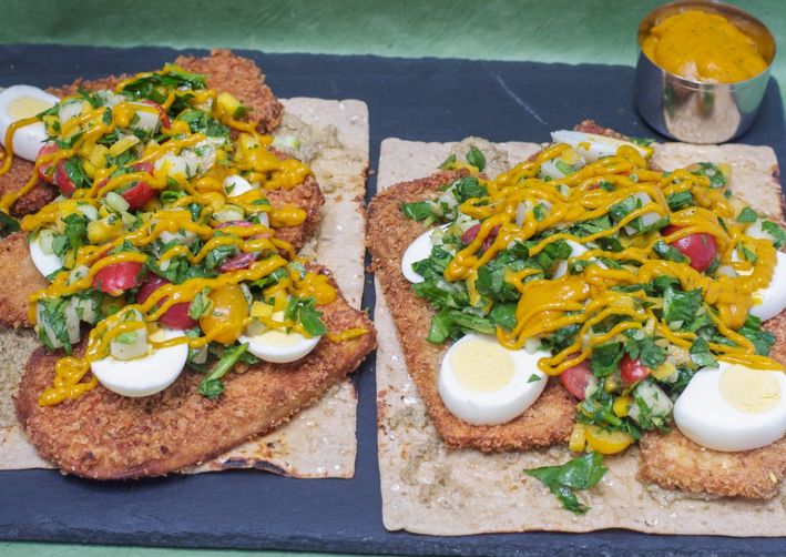 Open-Faced Sabich Sandwich with Spinach-Mango Potato Salad