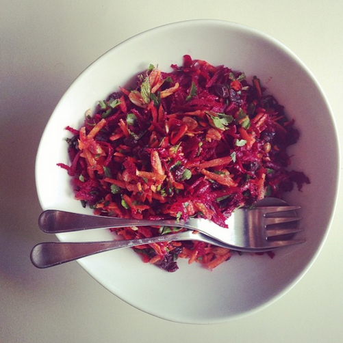beet salad with carrot, ginger, raisin and almonds