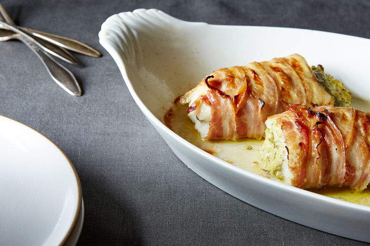 PancettaWrapped Roasted Cod with Artichoke Pesto Recipe on Food52
