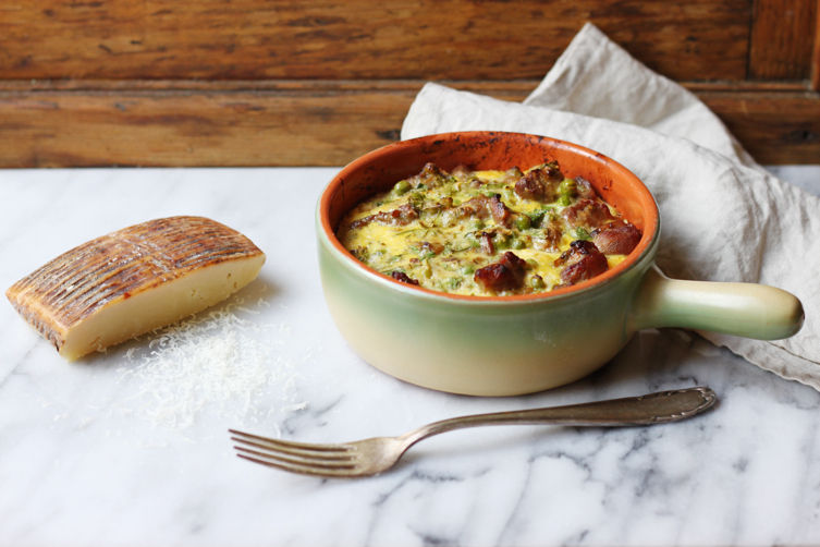 Baked Lamb with Eggs, Cheese, and Peas