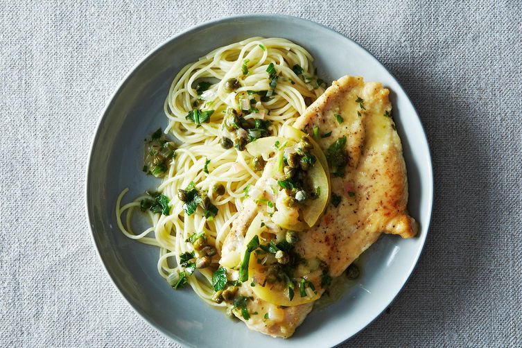 Chicken Piccata + Cantaloupe Cucumber Salad with Basil and Feta
