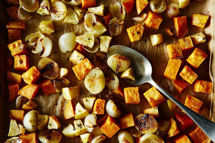 Roasted Sweet Potatoes with Apples, Onion, and Crispy Sage