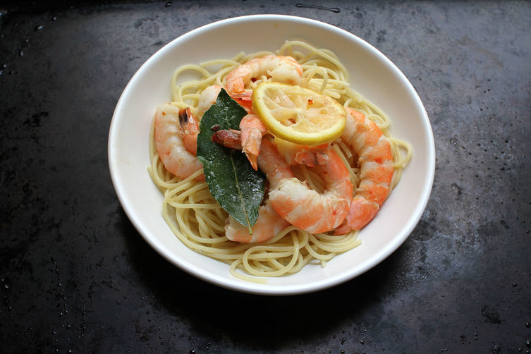 Baked and Buttered Bay Shrimp over Pasta