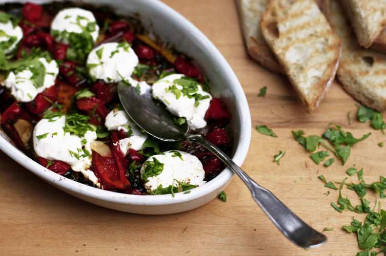 Roasted Red Peppers with Anchovies, Garlic, and Goat Cheese