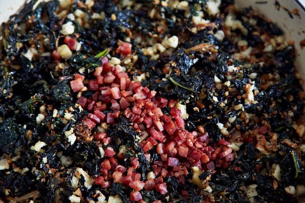 Slow-Cooked Tuscan Kale with Pancetta, Breadcrumbs, and a Poached Egg