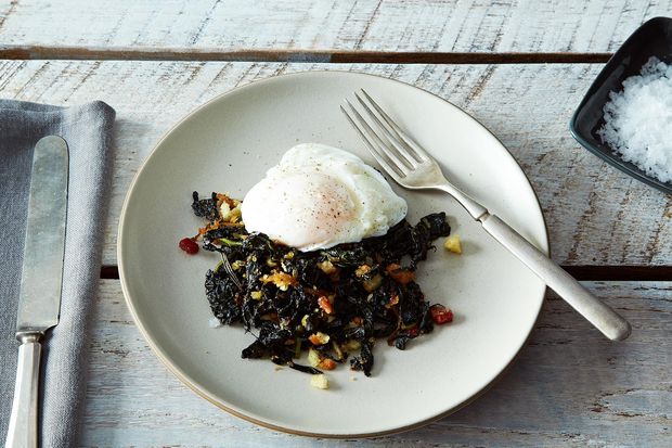 Slow-Cooked Tuscan Kale with Pancetta, Breadcrumbs, and a Poached Egg